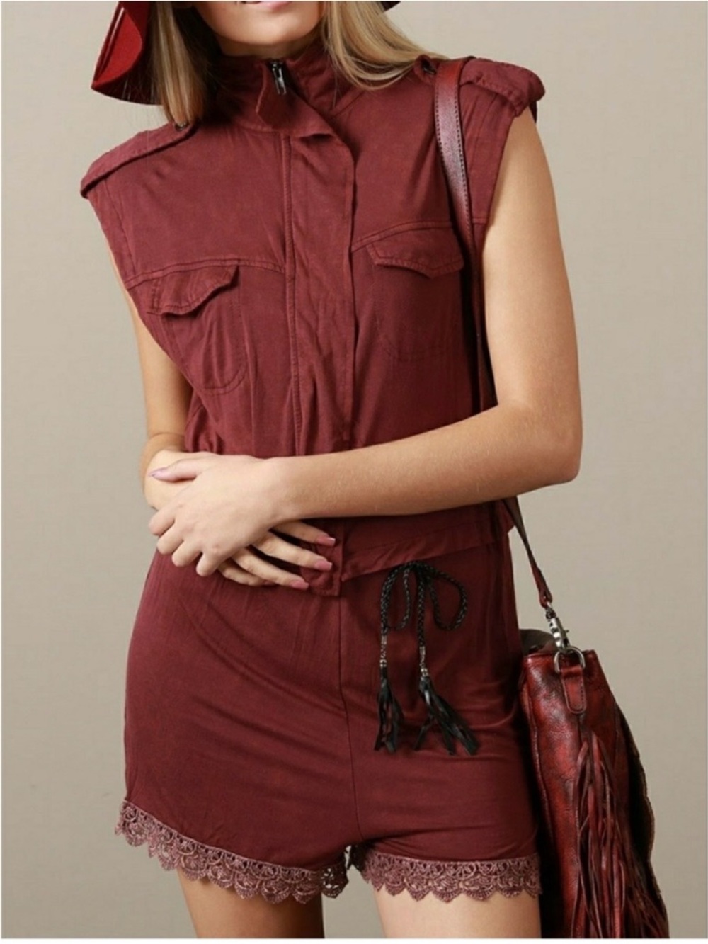 POL Sleeveless Moto Romper Stretch Jersey Knit
